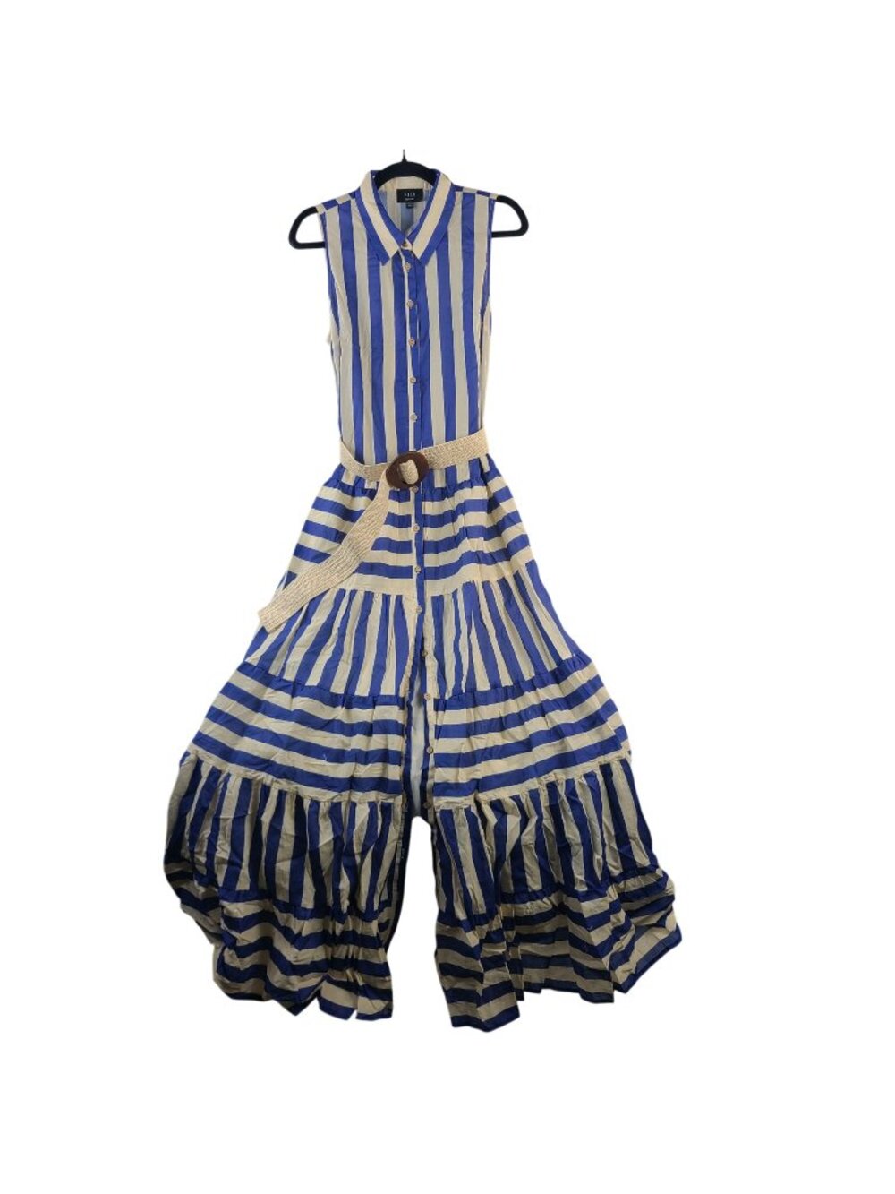 NEW Vici Harbor Light Striped Belted Maxi Shirt Dress Blue Beige Size M